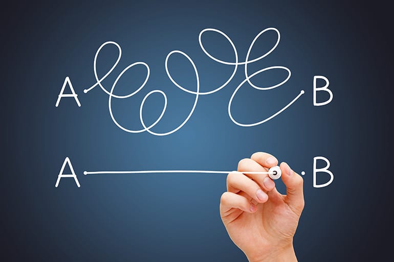 Hand drawing a conceptual diagram about the importance to find the shortest way to go from point A to point B, or a simple solution to a problem.