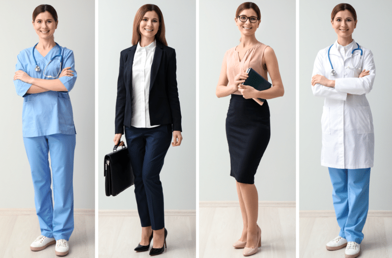 A lineup of a woman dressed as a nurse, a businesswoman, a therapist, and a doctor