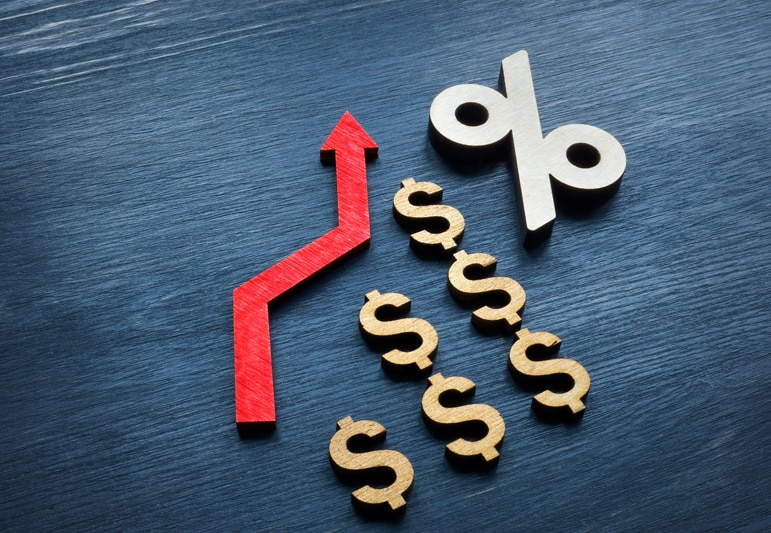 Three columns of increasing dollar signs with a corresponding red arrow above ending in a percentage symbol.
