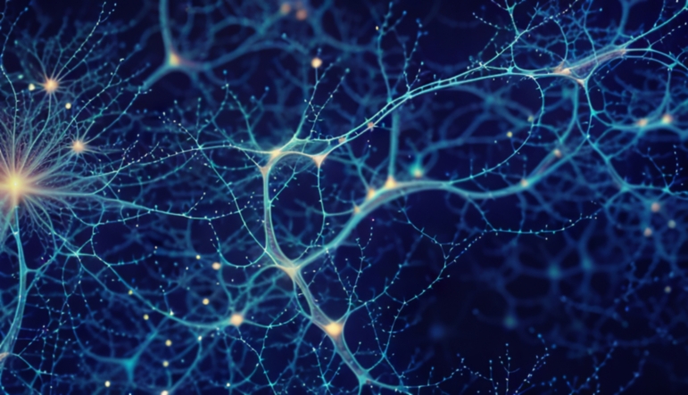 Beautiful illustration of a bright blue, abstract neuron on a dark blue background.