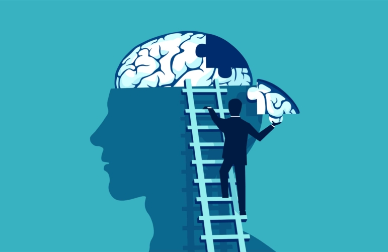 Vector illustration of a human head shaped like a brain puzzle; a small figure climbs stairs to insert the final piece, symbolizing unlocking unused mental potential.